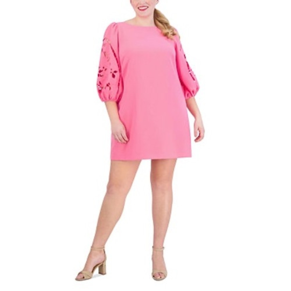Vince Camuto Violet Eyelet Cutout Sleeve Shift Dress Boat Neck 3/4 Puff Sleeve